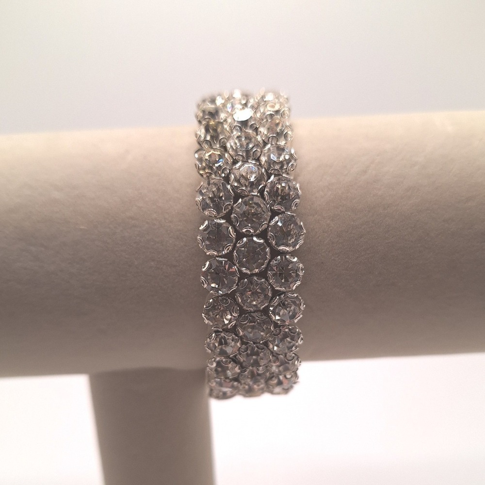 Vintage rhinestone cuff bracelet multi row stretch honeycomb setting Mid Century